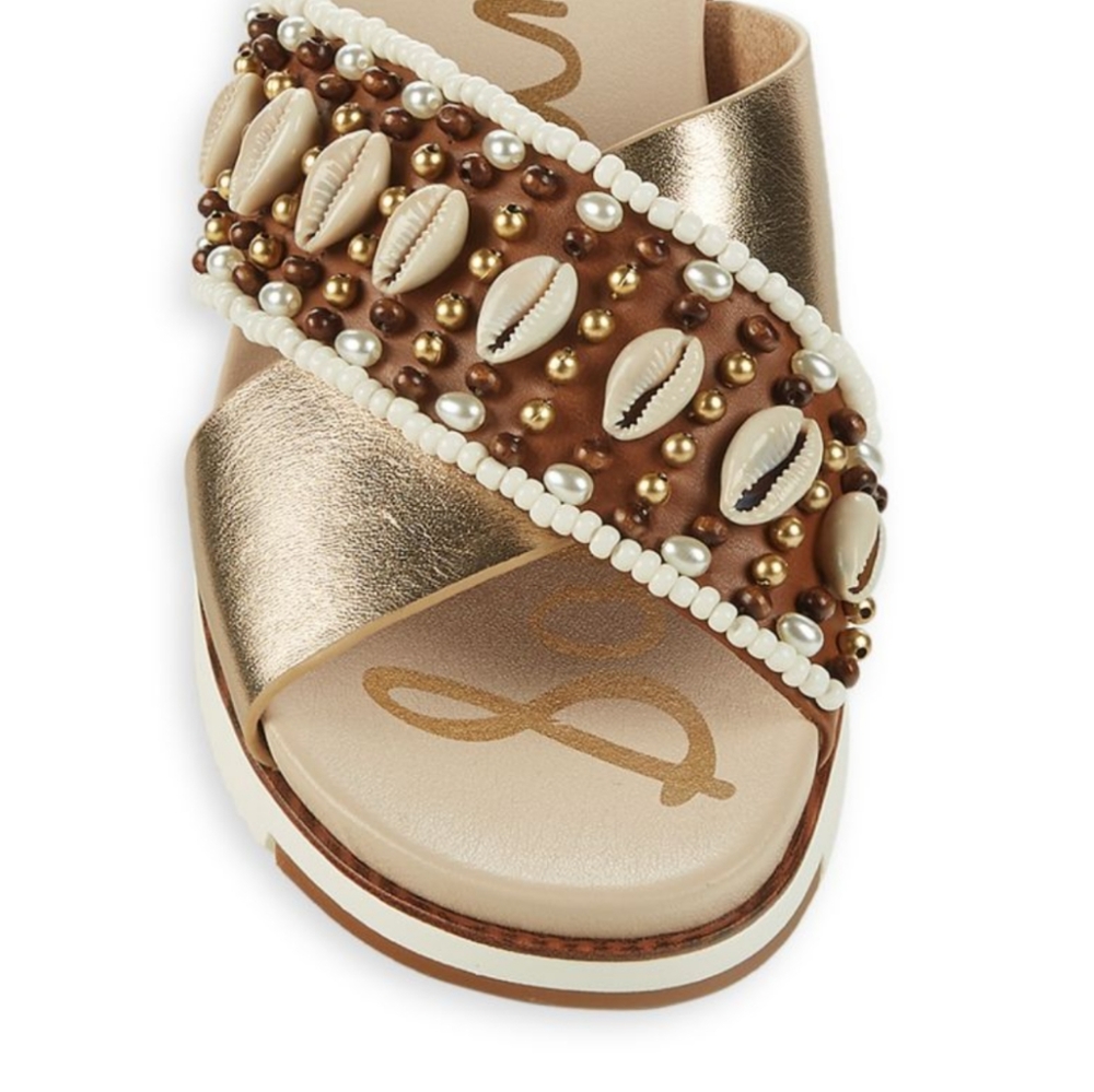 SAM Edelman Austen Platform Slip on Sandals Gold Leather Cowrie Shell Beads - Picture 6 of 12